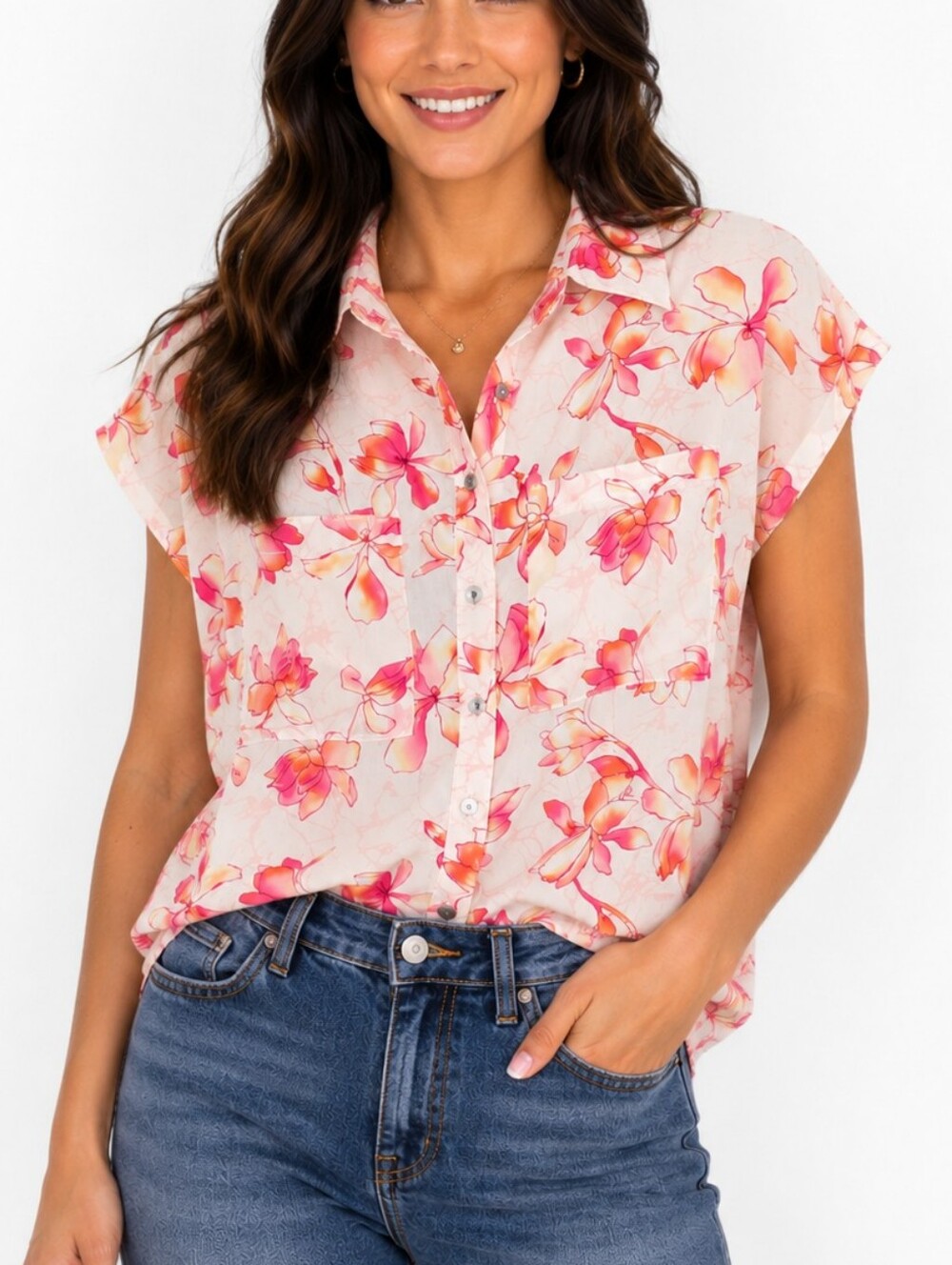 Rachel Zoe Pink & Coral Floral Button-Up Blouse